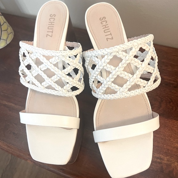 Schultz Shoes Wooden Wedge Platform Sandals in White Leather. Size 9.5 - Picture 6 of 7